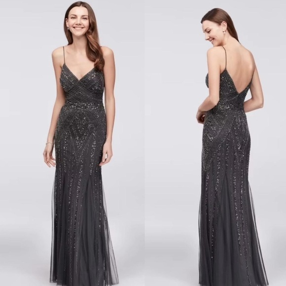 Marina Beaded Sequined Navy V-Neck Gown Dress 16 - Picture 3 of 16